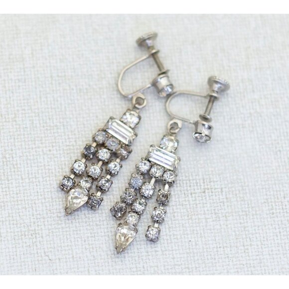 Vintage Dangling Rhinestones Silver Tone Screwback Earrings - H1 - Picture 1 of 2